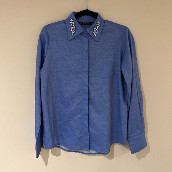 Zara Button Down with Embellished Collar - XS in Blue - Picture 1 of 8